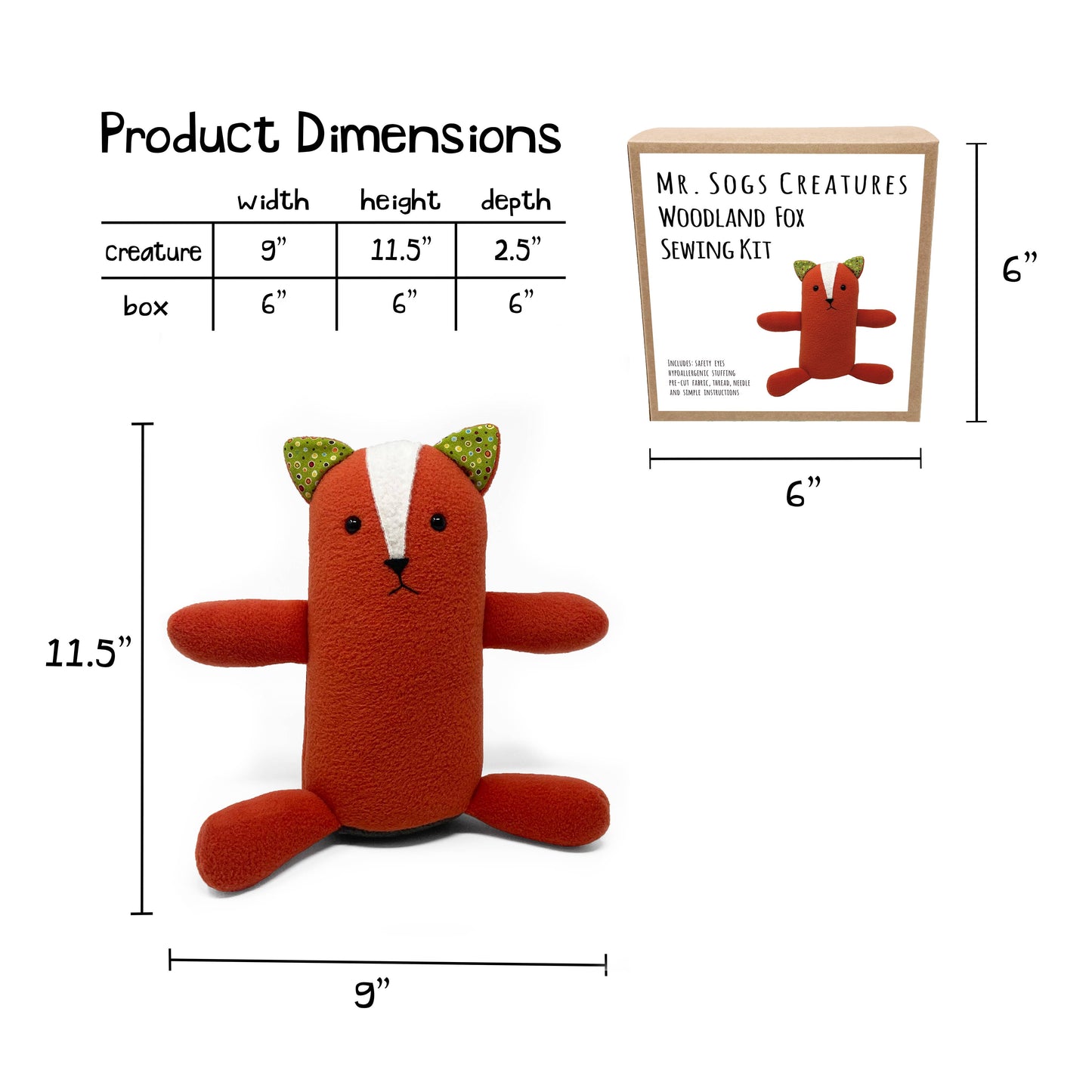 Red fox plush toy with dimensions and a sewing kit box on a white background