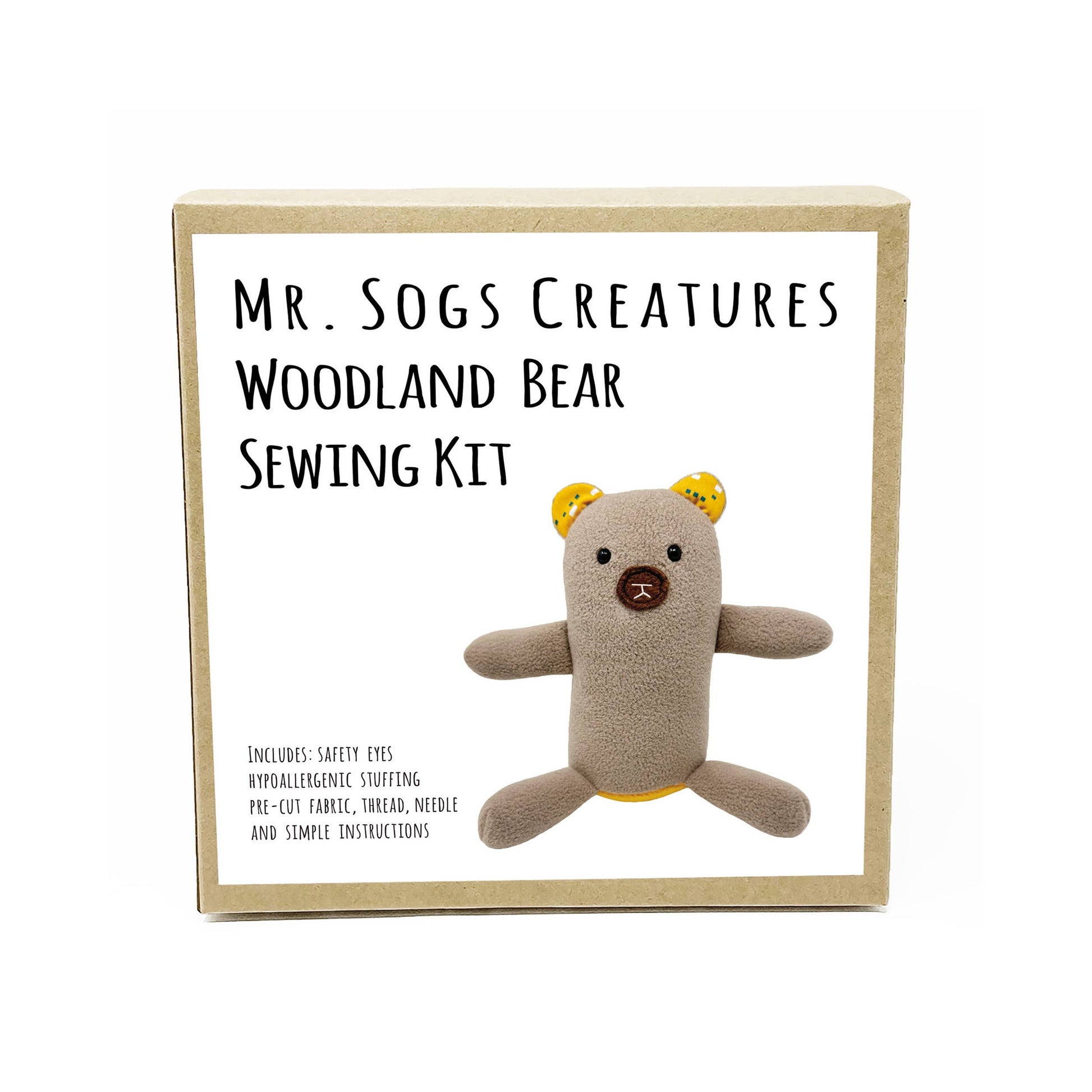 Woodland bear sewing kit with text on a white background